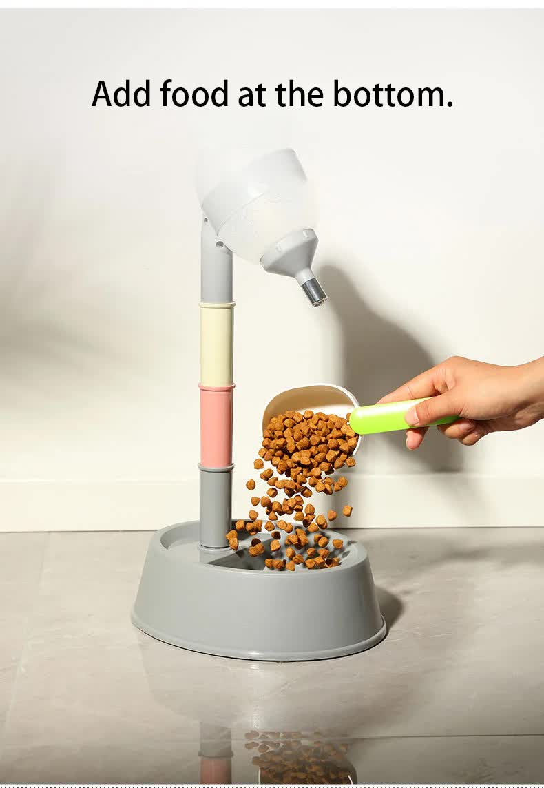 Beige Base Adjustable Height Pet Water Dispenser with Food Bowl Base - Non-Drip Bottle Feeder Station for Dogs & Cats