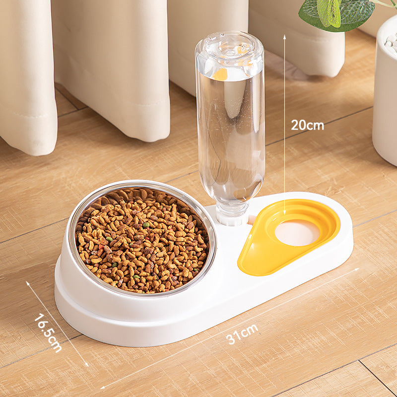 White And Yellow Pet Bowl Set with Automatic Gravity Water Dispenser - Stainless Steel & PP Feeder Station