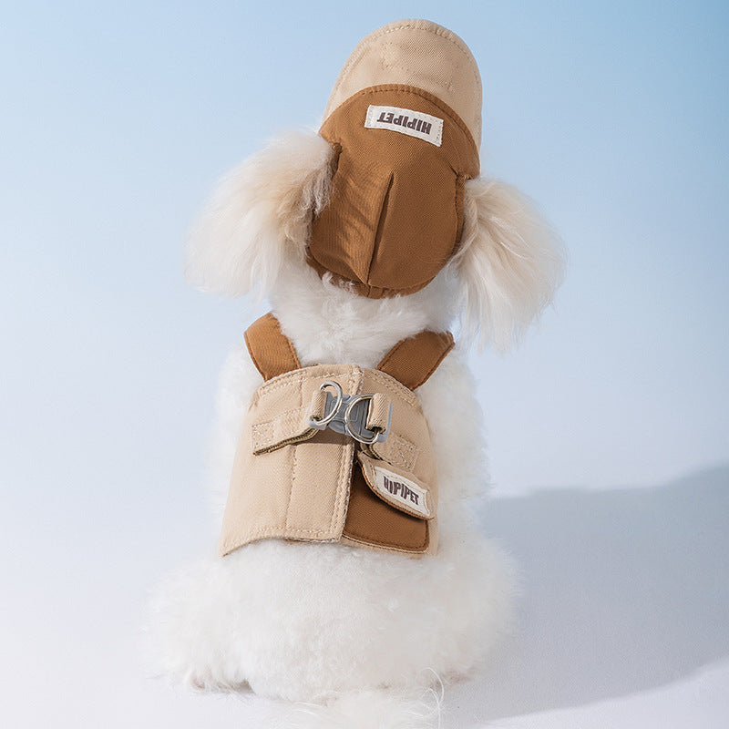 M Brown Pet Sun Hat with Adjustable Strap + Leash & Harness 3-Piece Set - Breathable Summer Cap for Dogs & Cats with Ear Holes