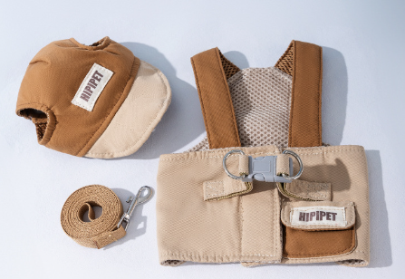 XL Brown Pet Sun Hat with Adjustable Strap + Leash & Harness 3-Piece Set - Breathable Summer Cap for Dogs & Cats with Ear Holes