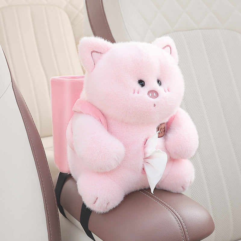 Adorable Pink Pig Tissue Holder for Car - Plush Toy with Storage