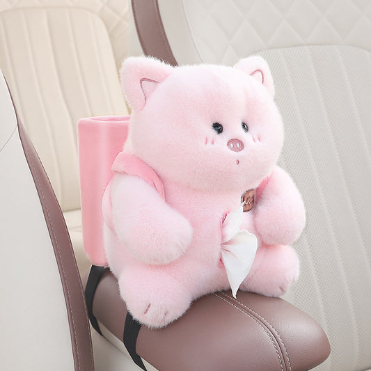 Adorable Pink Pig Tissue Holder for Car - Plush Toy with Storage
