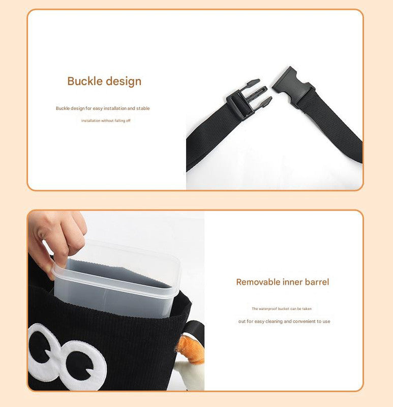 Black Cute Cartoon Car Trash Bin with Adjustable Strap - Water-Repellent Corduroy (19x24cm)