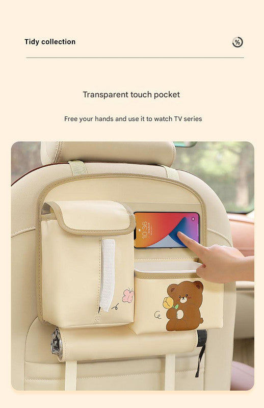 Car Seat Back Organizer with Practical design-Multi-Pocket Storage for Tissues and Gadgets-Cute bear(Beige)