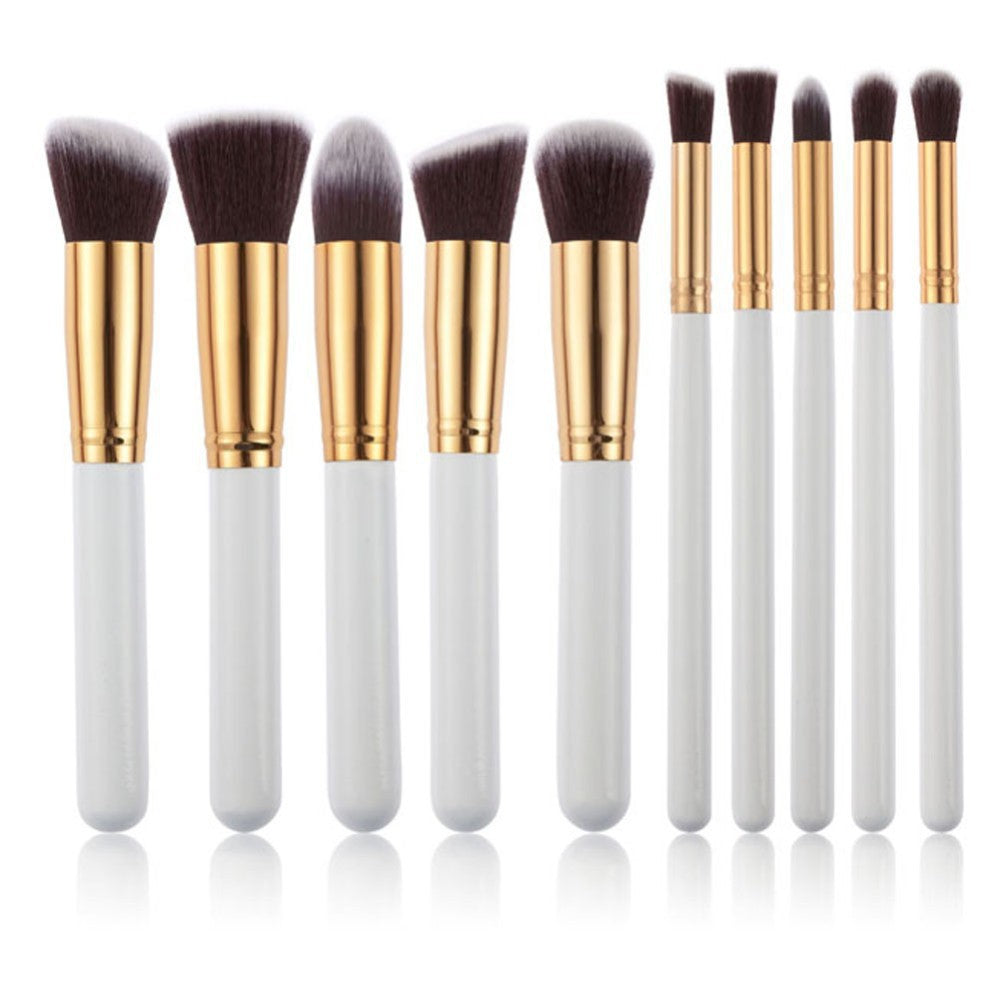 10-Piece White gold Makeup Brush Set - Large and Small Brushes for Professional Beauty Application