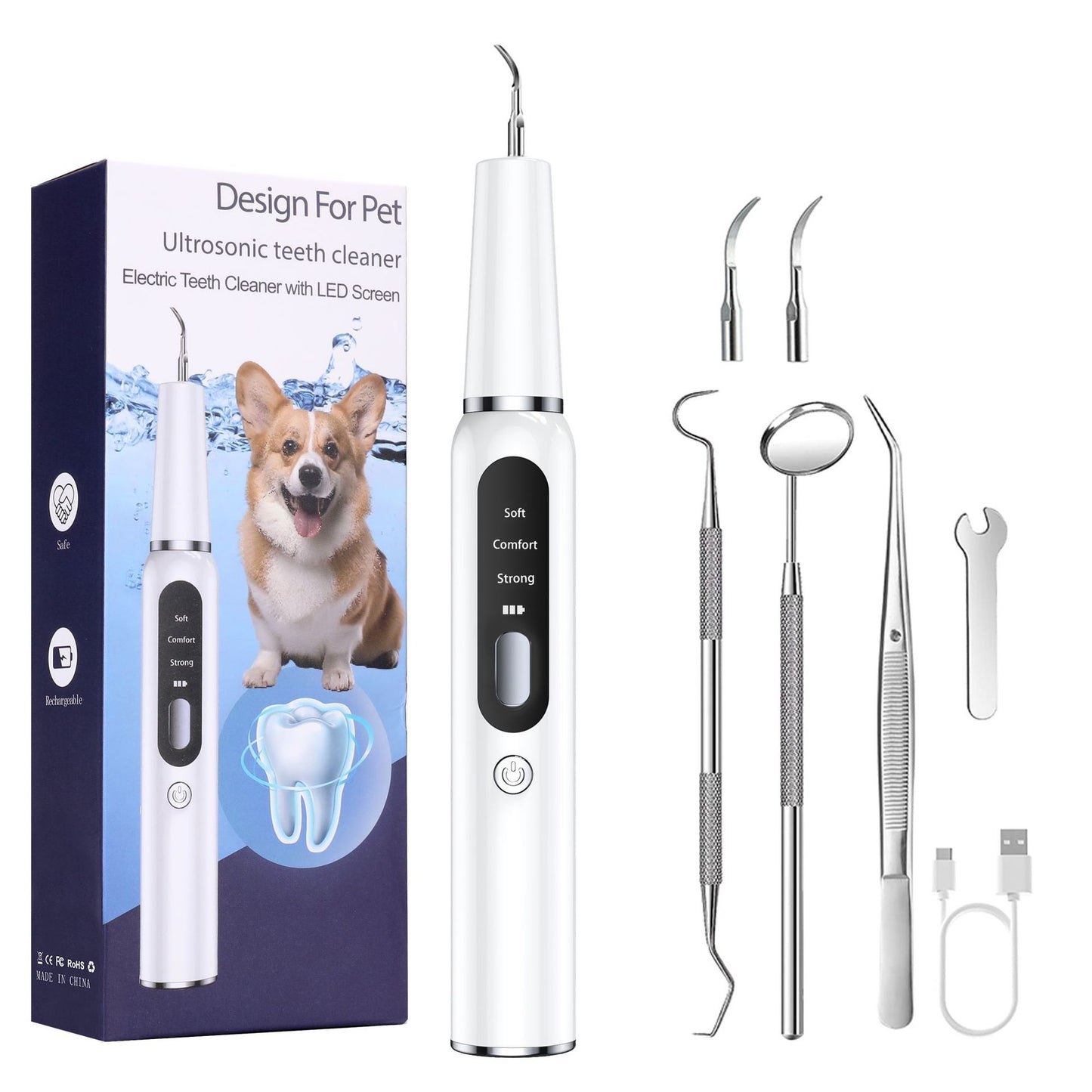 White Professional Pet Dental Cleaning Kit - Ultrasonic Scaler, Tools & 3 Modes