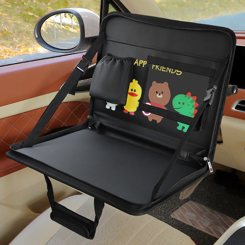 Black Foldable Car Back Seat Organizer Tray - PU Leather Travel Desk with Tablet Holder