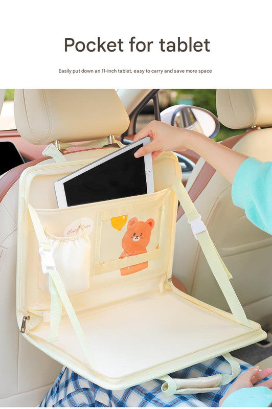 Brown Foldable Car Back Seat Organizer Tray - PU Leather Travel Desk with Tablet Holder