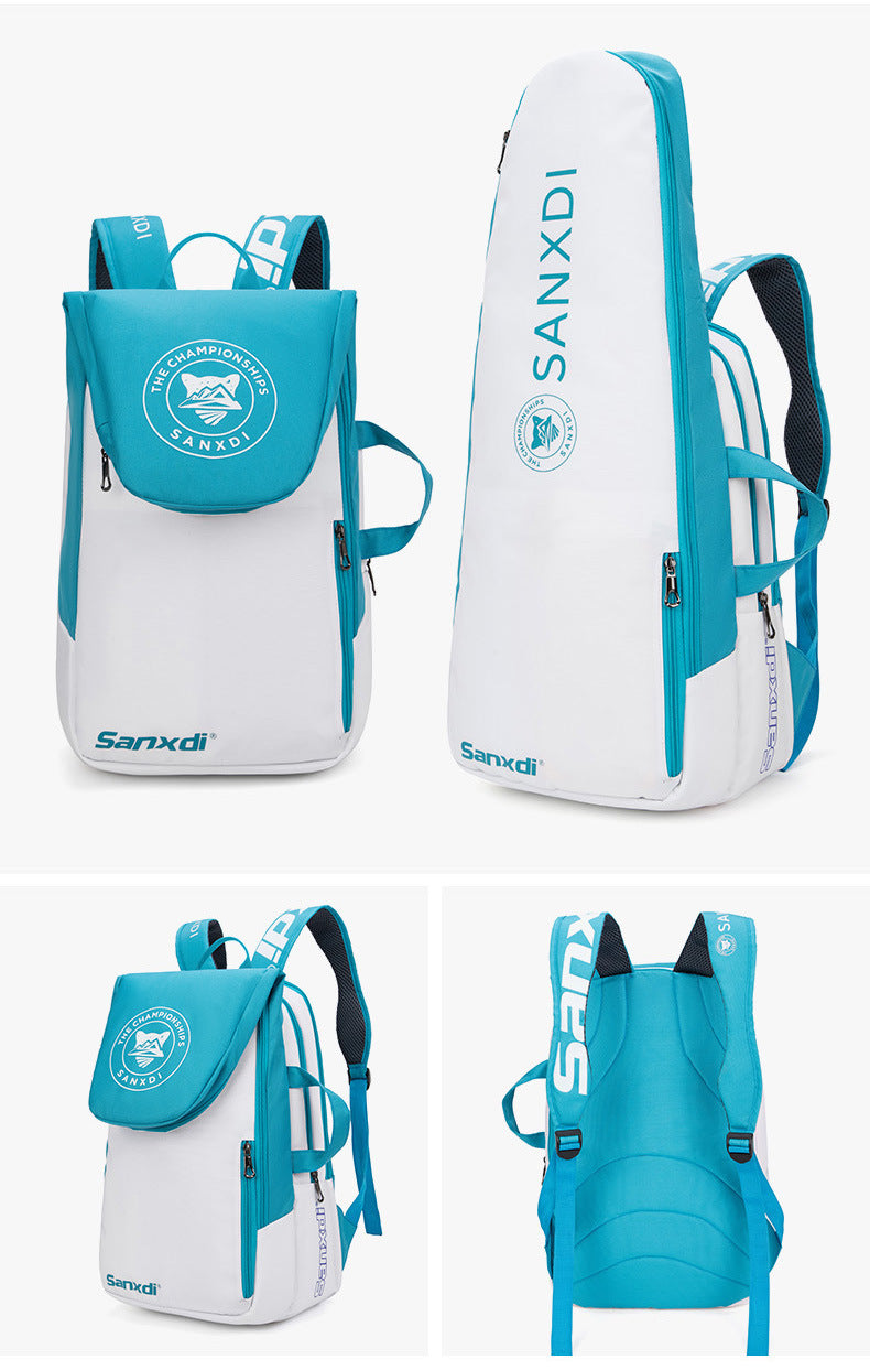 Blue and White Multifunctional Tennis & Badminton Backpack - Waterproof Racket Bag with Shoe Compartment