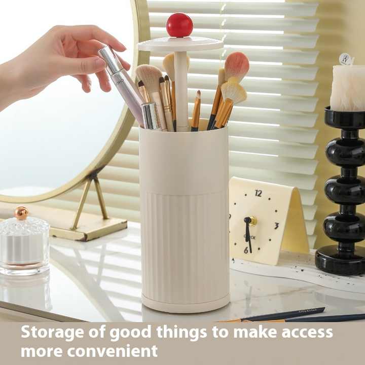 Beige Automatic Lifting Makeup Brush Holder - Dustproof Desktop Organizer with Lid & Compartments