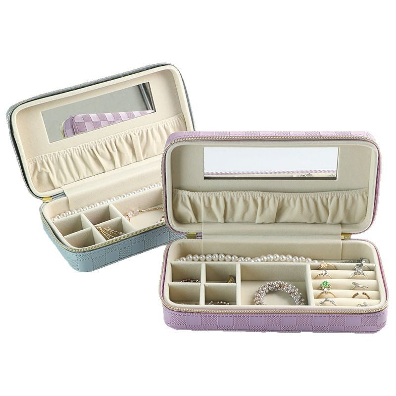 Pink Stylish PU Leather Travel Jewellery Box - Compact Organizer for Rings, Earrings, Necklaces with Mirror