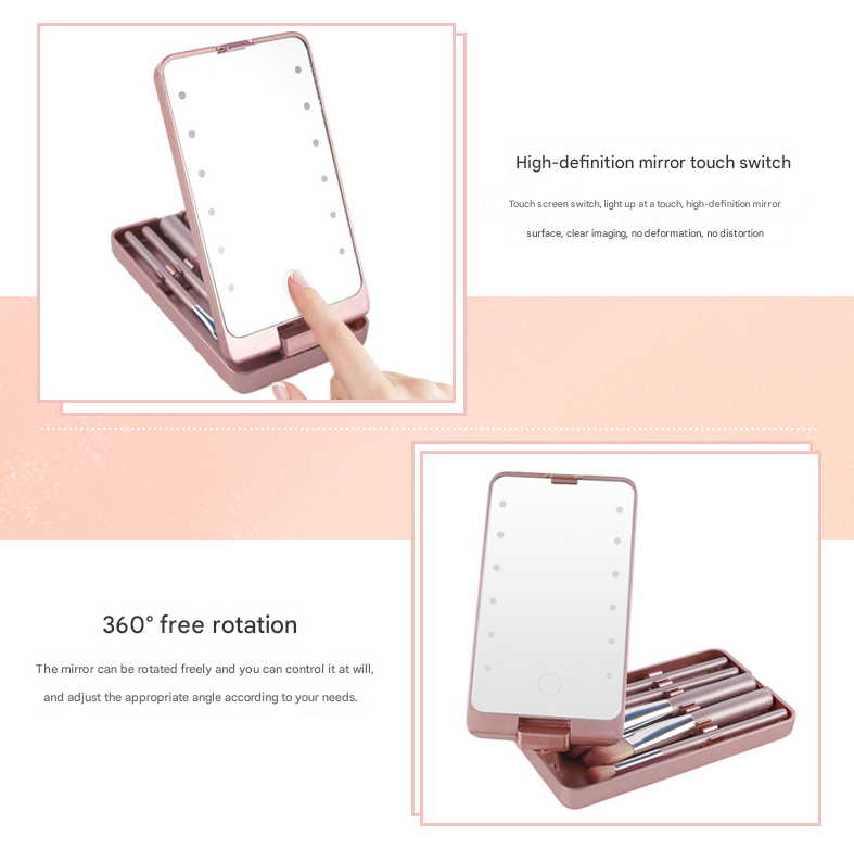 White LED Lighted Makeup Mirror with 5-Piece Cosmetic Brush Set and Dustproof Storage Case