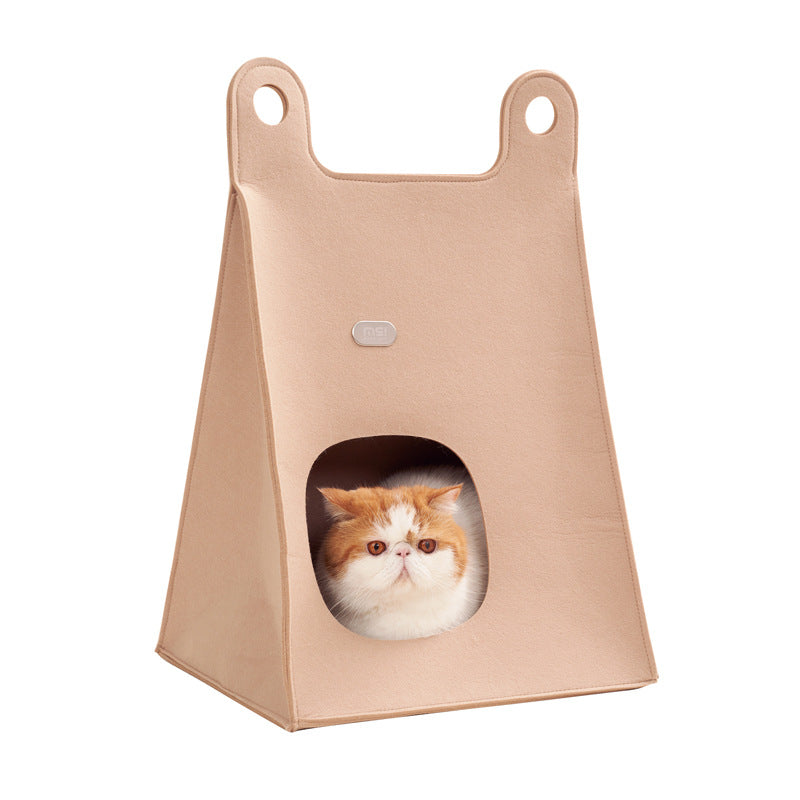 Khaki Cozy A-Frame Felt Pet Teepee - Foldable & Portable Cat Cave Bed with Easy Carry Handle