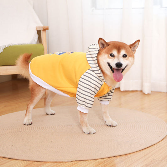 Autumn/Winter Dog Clothes - Yellow Hoodie with Striped Hood & Baseball Bear (Size - S)