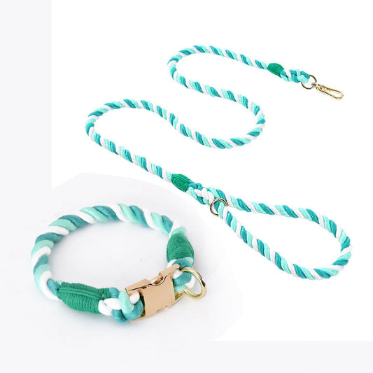 Handmade Gradient Rope Dog Collar & Leash Set - Colorful Braided Cotton (Light green - Size M)