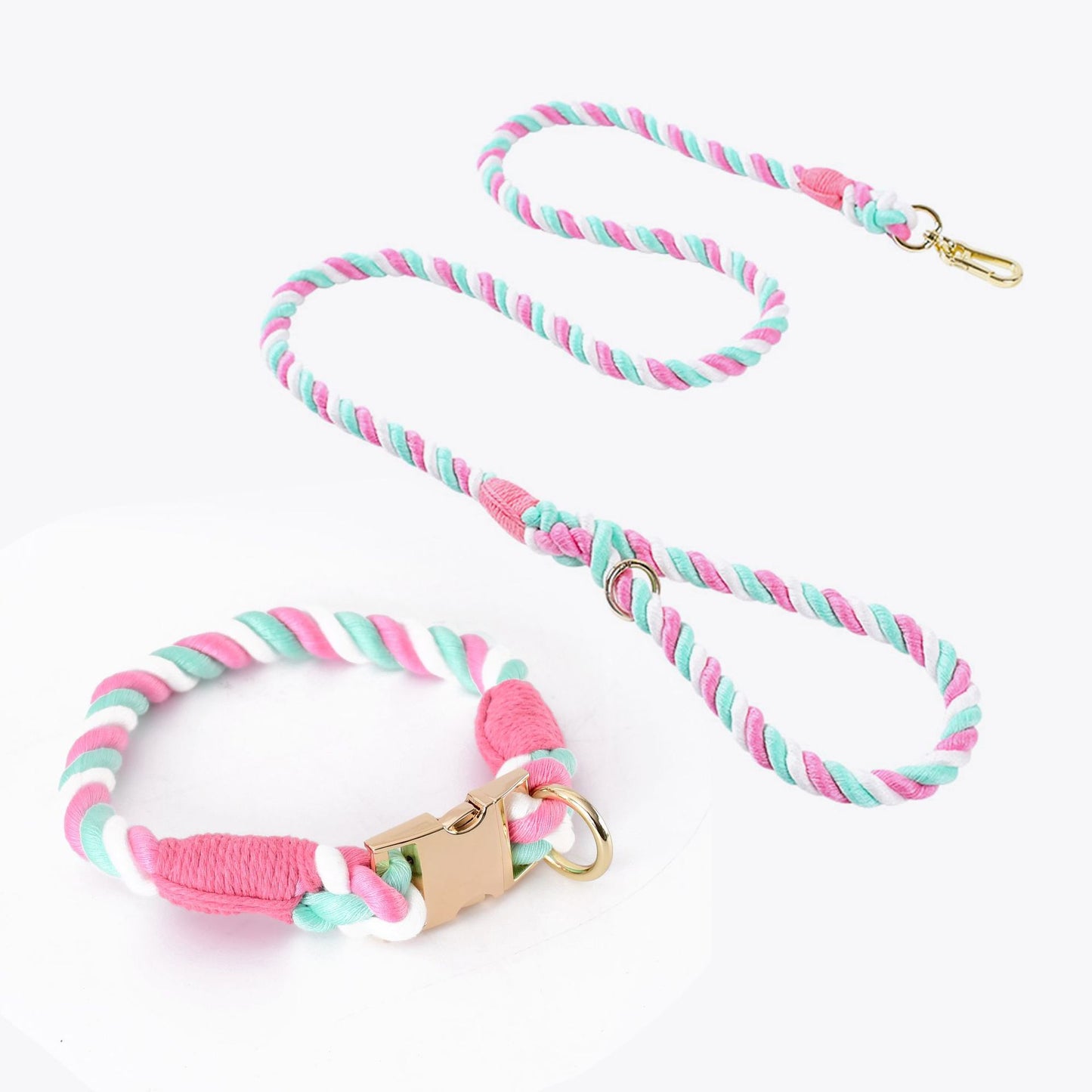 Handmade Gradient Rope Dog Collar & Leash Set - Colorful Braided Cotton (Pink - Size M)