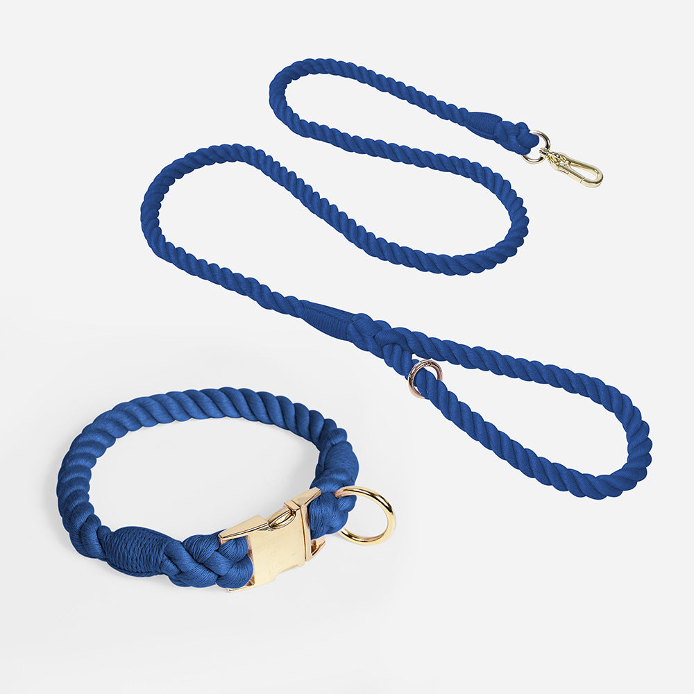 Handmade Rope Dog Collar and Leash Set - Colorful Woven Cotton (Navy blue - Size XL)