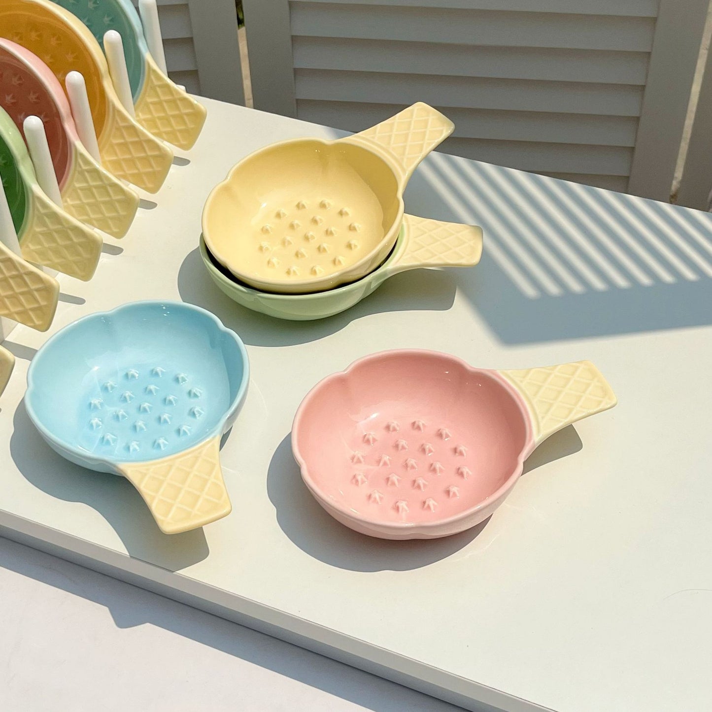 Blue and Yellow Adorable Ice Cream Cone Ceramic Slow Feeder Pet Bowl - Fun Anti-Gulp Design for Cats & Dogs