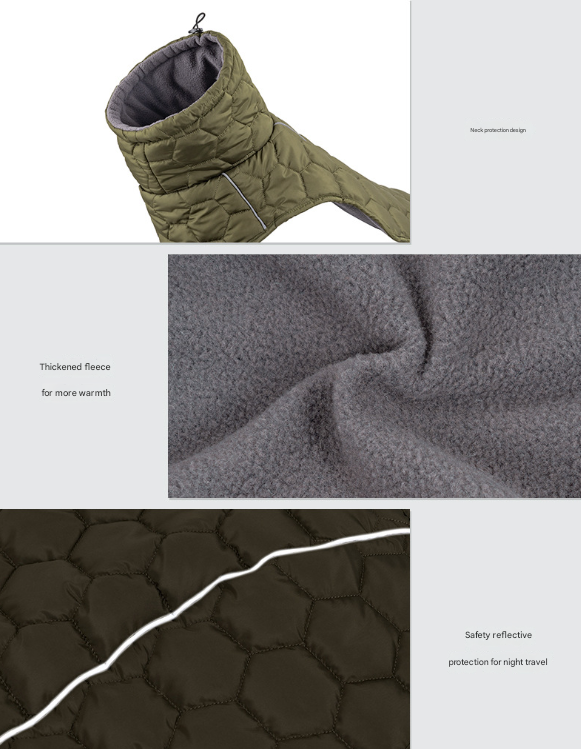 Size S Olive Green Warm Quilted Dog Winter Coat - Adjustable Fleece-Lined Puffer Vest with Reflective Trim & Leash Port