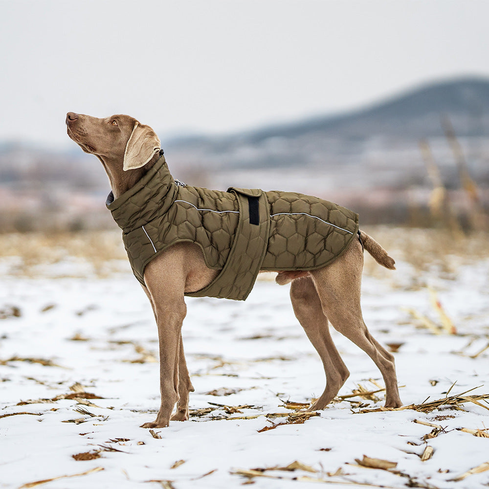 Size L Olive Green Warm Quilted Dog Winter Coat - Adjustable Fleece-Lined Puffer Vest with Reflective Trim & Leash Port
