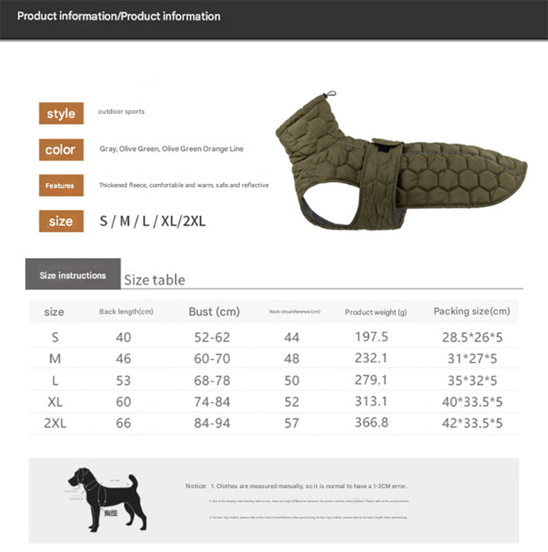 Size 2XL Olive Green Warm Quilted Dog Winter Coat - Adjustable Fleece-Lined Puffer Vest with Reflective Trim & Leash Port