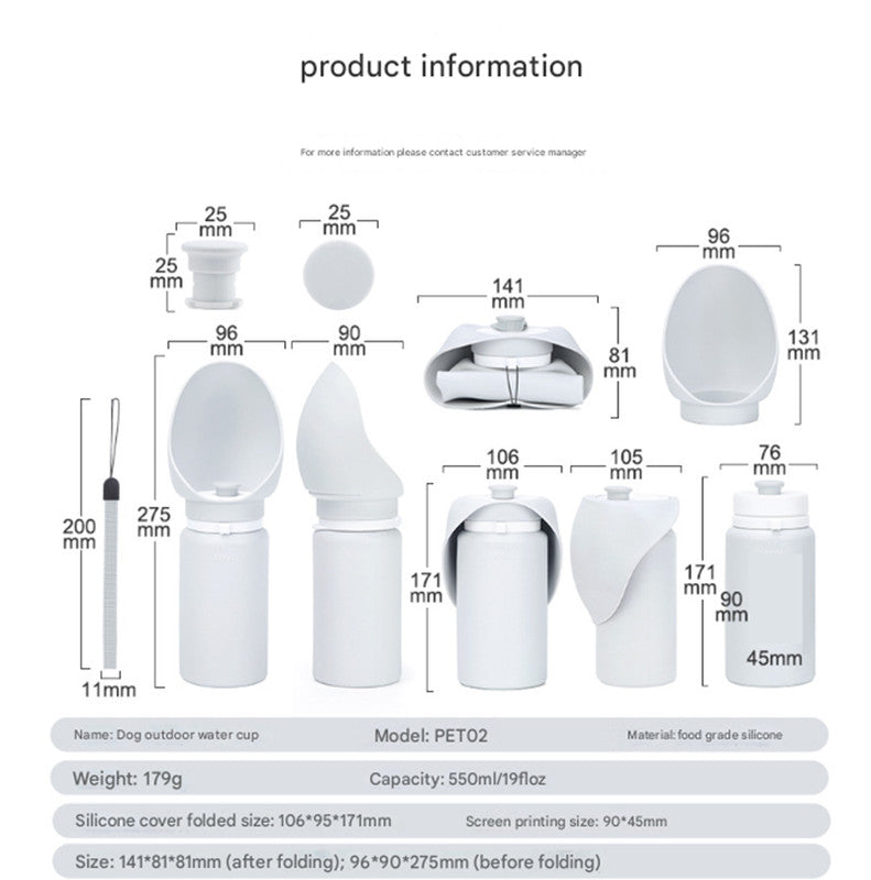 Dark Blue Portable Pet Dog Water Bottle 550ml - Foldable Food-Grade Silicone Travel Drinker with Leak-Proof Dispenser