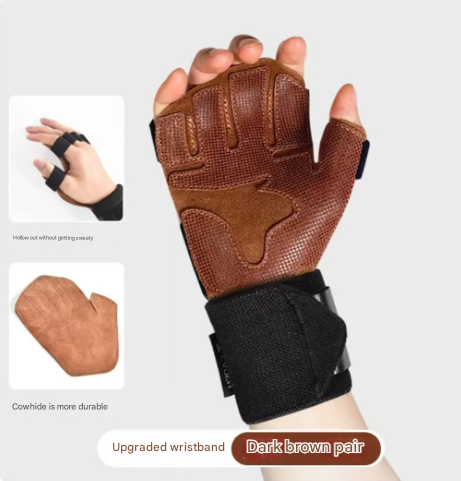 Size M Dark Brown Premium Cowhide Leather Weightlifting Gloves with Wrist Support - Non-Slip Grip, Breathable Fitness Workout Gloves for Gym, WODs, Dumbbells