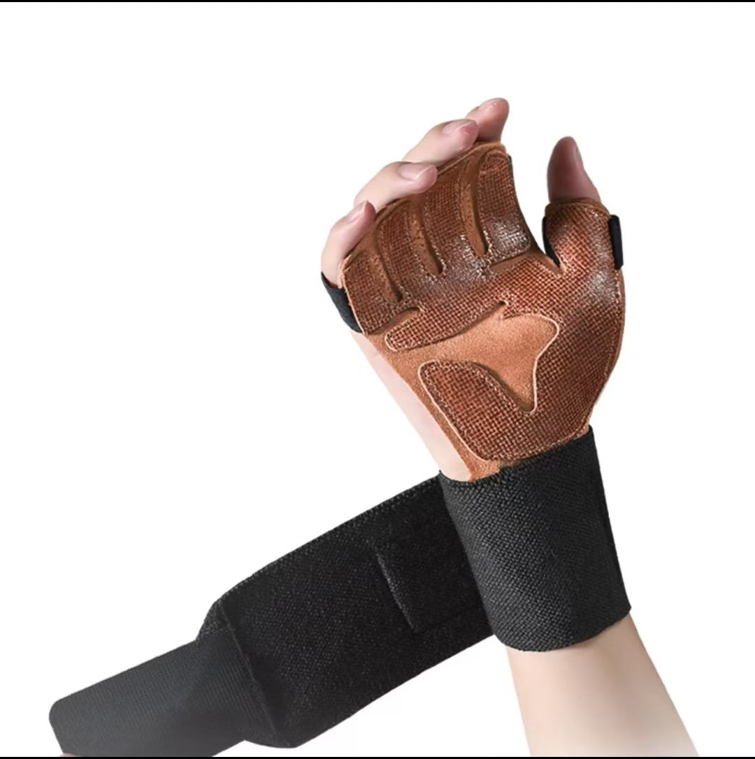 Size M Dark Brown Premium Cowhide Leather Weightlifting Gloves with Wrist Support - Non-Slip Grip, Breathable Fitness Workout Gloves for Gym, WODs, Dumbbells