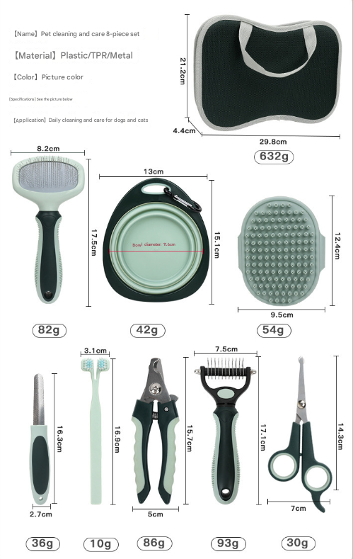 Grey and Green Complete 8-Piece Pet Grooming Kit - Essential Dog & Cat Care Tools with Brushes, Nail Clippers, Scissors & Portable Case