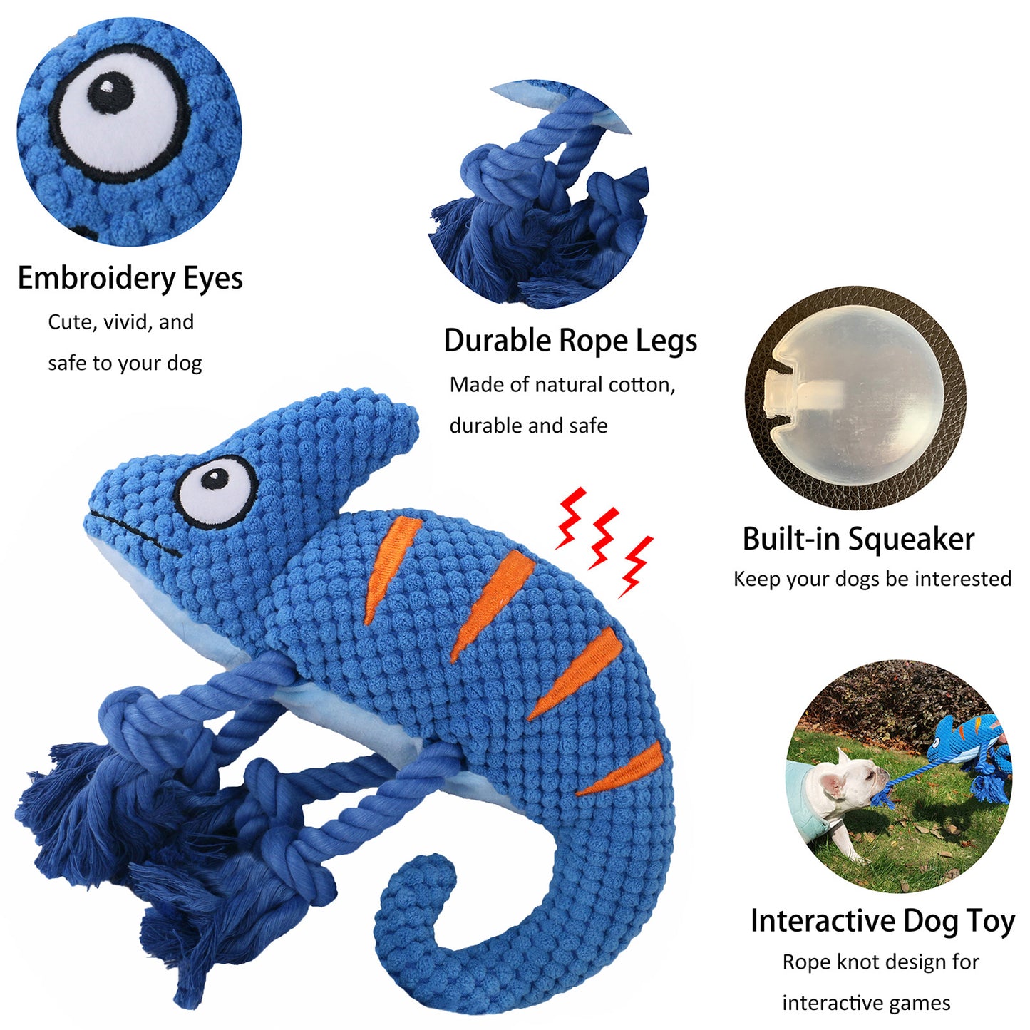 2 Pcs Purple Interactive Plush Chameleon Dog Toy with Squeaker & Rope Legs - Durable Chew Toy for Medium/Large Dogs, Teeth Cleaning Texture, Machine Washable (10.2in)