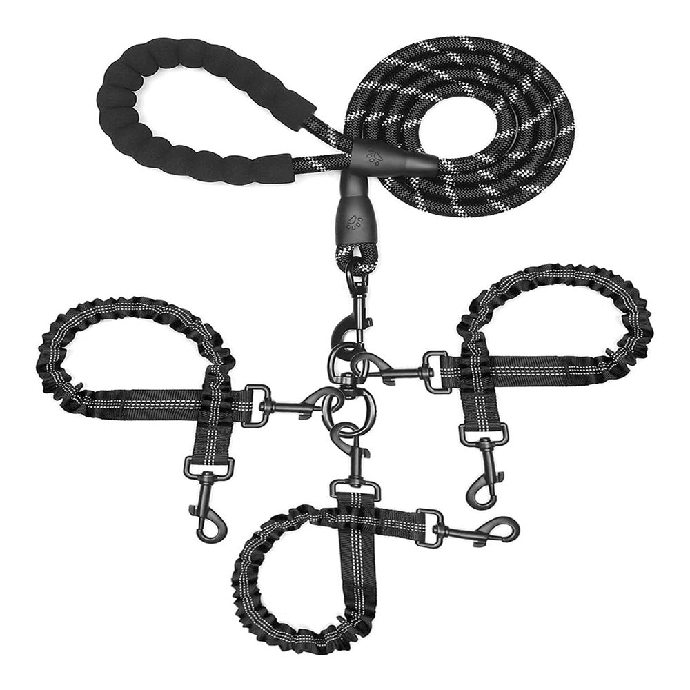 Black 3-in-1 Tangle-Free Dog Leash for 1-3 Dogs - Heavy Duty Bungee Coupler with Reflective Stitching & Padded Handle
