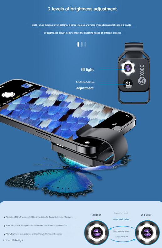 White Portable 200X Clip-On Microscope Lens for Smartphone - HD Pocket Magnifier with CPL Filter and LED Light(excluding mobile phones)