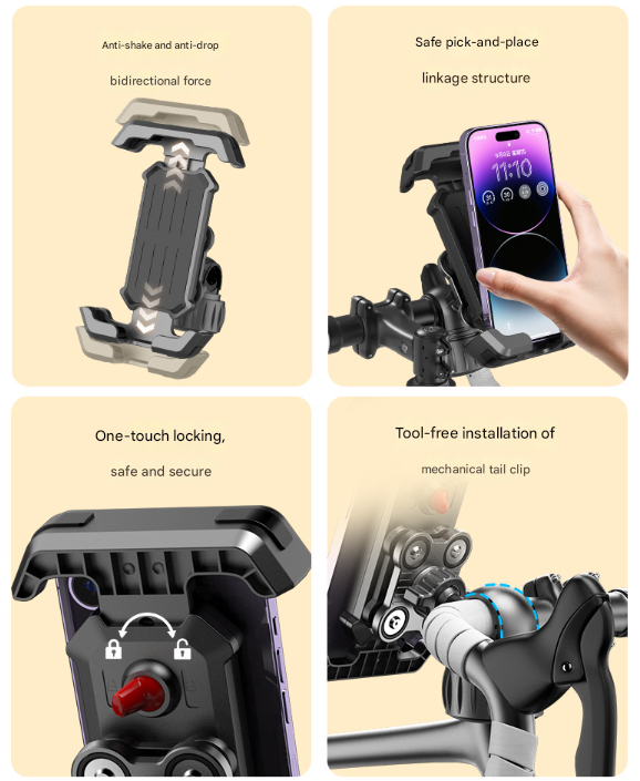 Black Heavy Duty Bike Phone Mount - Anti-Shake Motorcycle Holder with Secure Lock, 360 Rotation Cradle for All-Terrain Cycling