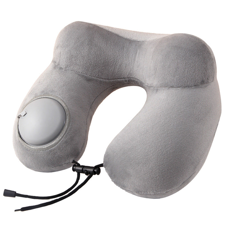 Grey Press-to-Inflate Travel Neck Pillow - Ergonomic U-Shaped Cushion for Airplane and Car