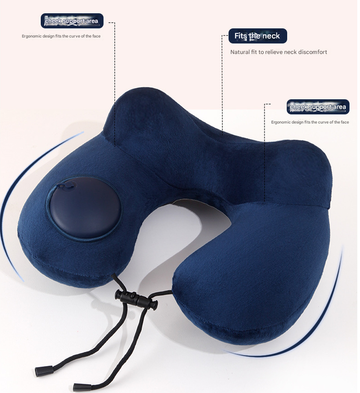 Grey Press-to-Inflate Travel Neck Pillow - Ergonomic U-Shaped Cushion for Airplane and Car
