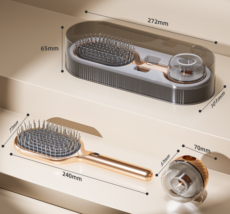 Black Premium Self-Cleaning Hair Brush Set with Stand - Anti-Static Detangling & Scalp Massage Paddle Brush