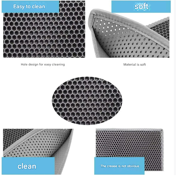 Grey Large Double-Layer Cat Litter Trapping Mat - Waterproof EVA Honeycomb Design for Scatter Control (45cm x 60cm)
