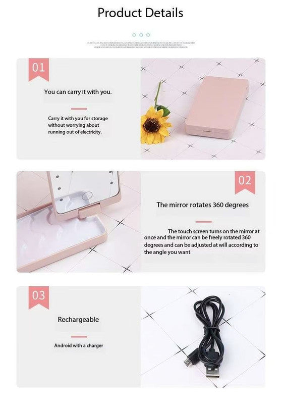 2-Piece Black Portable LED Makeup Mirror with Brush - Foldable, Rotatable, and Rechargeable Travel Vanity Mirror