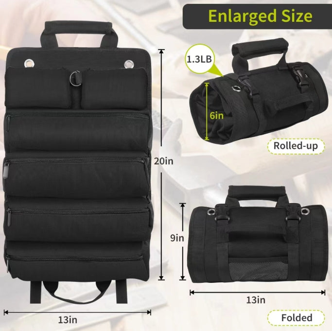 Black Heavy-Duty Roll-Up Tool Bag Organizer - Waterproof 1200D Fabric with 6 Pockets & Detachable Pouches
