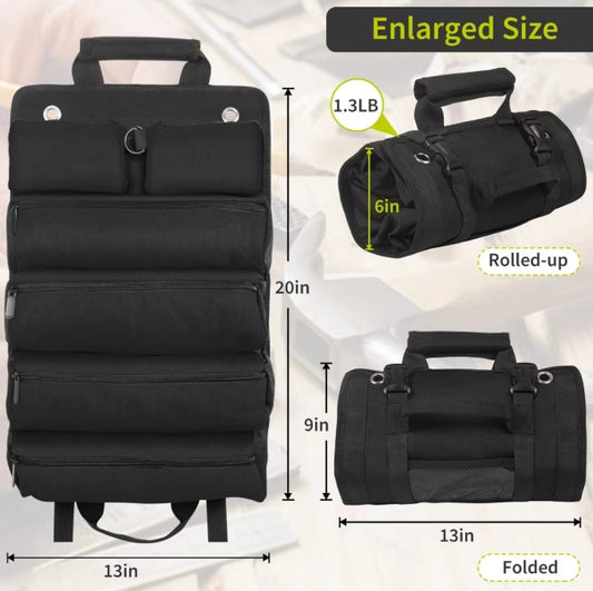 Black Heavy-Duty Roll-Up Tool Bag Organizer - Waterproof 1200D Fabric with 6 Pockets & Detachable Pouches