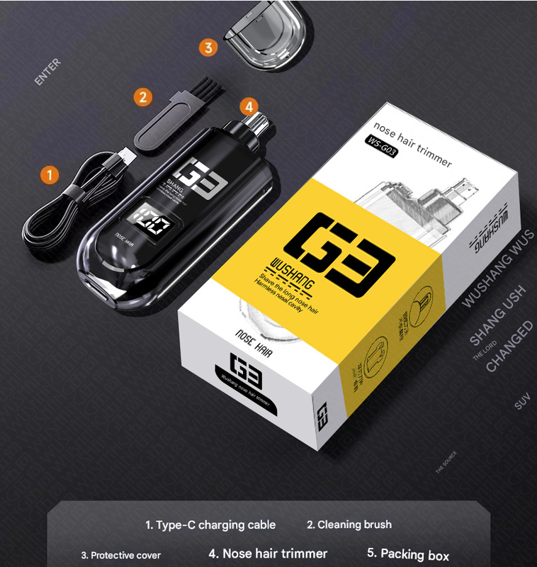 Orange Painless Electric Nose & Ear Hair Trimmer - USB-C Rechargeable Grooming Tool with LED Battery Display for Men and Women