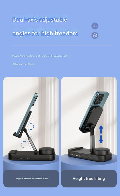 Foldable Desktop Phone Stand with Bluetooth 5.3 Speaker - Adjustable Angle & Height, TF/Line-In(white)