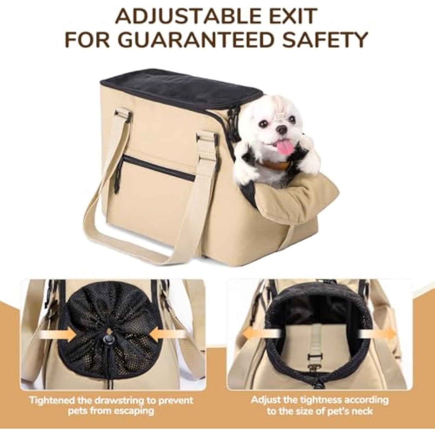 Versatile Pet Carrier Tote Bag for Small Dogs & Cats - Waterproof, Car Seat Function & Adjustable Safety Exit(Khaki)