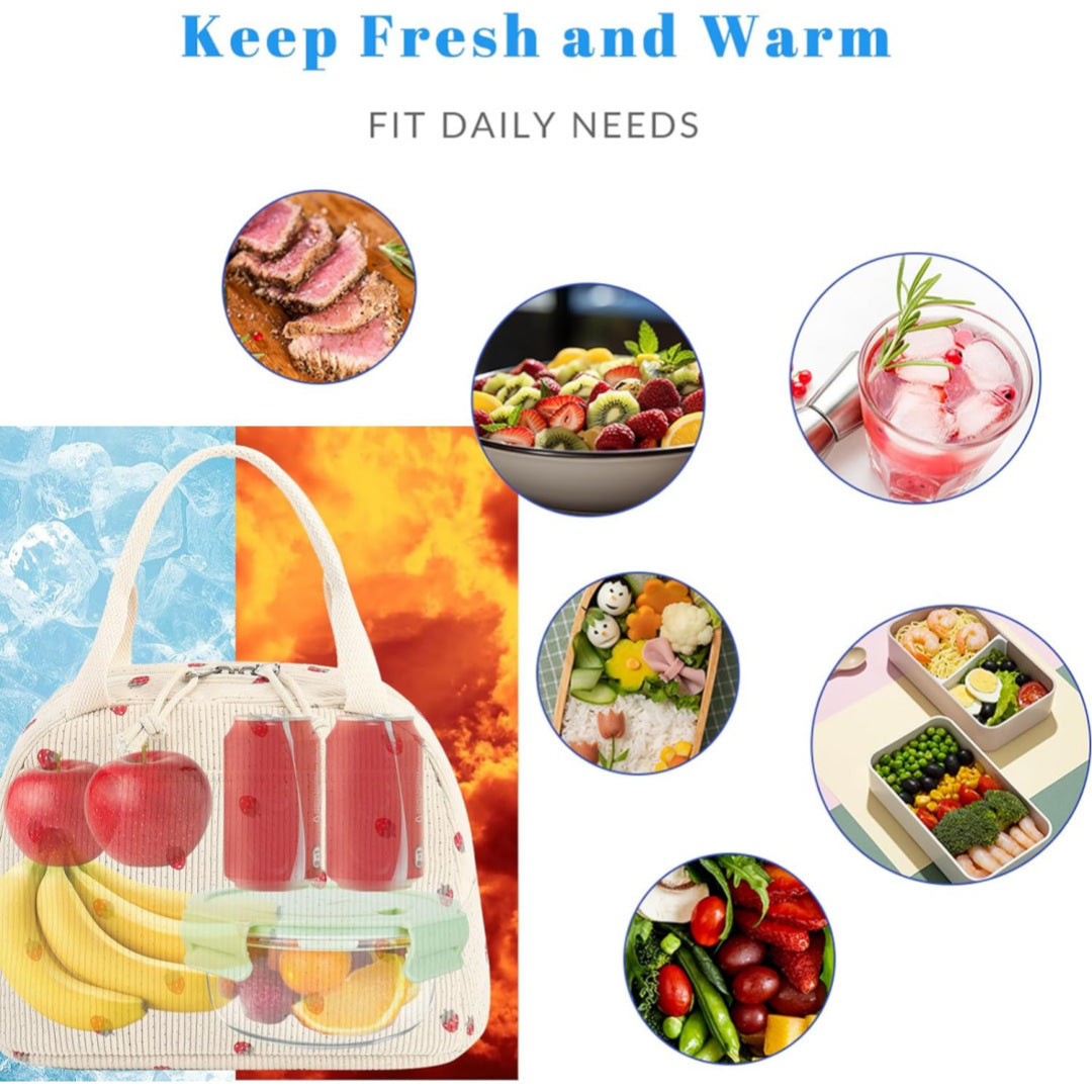 Beige Checkered Pattern Corduroy Lunch Bag - Insulated Thermal Cooler Tote for School Work and Picnics