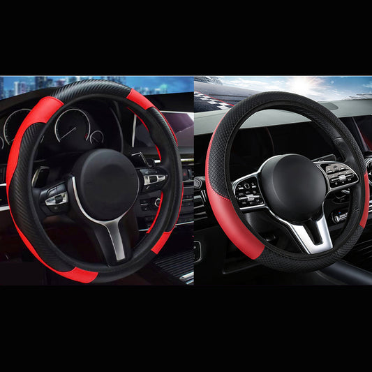 2-Pack (Type A + Type B) Red And Black Sporty Carbon Fiber Leather Steering Wheel Cover - Universal 38cm Easy-Fit Elastic Grip