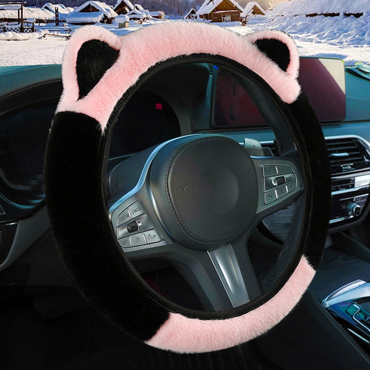 Pink Stitching Black Plush Cat Ear Steering Wheel Cover - Cute & Fuzzy Winter Grip, Universal 38cm Fit