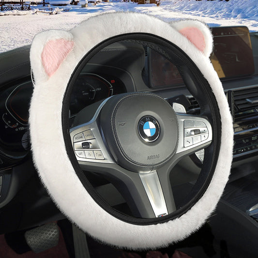 White Plush Cat Ear Steering Wheel Cover - Cute & Fuzzy Winter Grip, Universal 38cm Fit