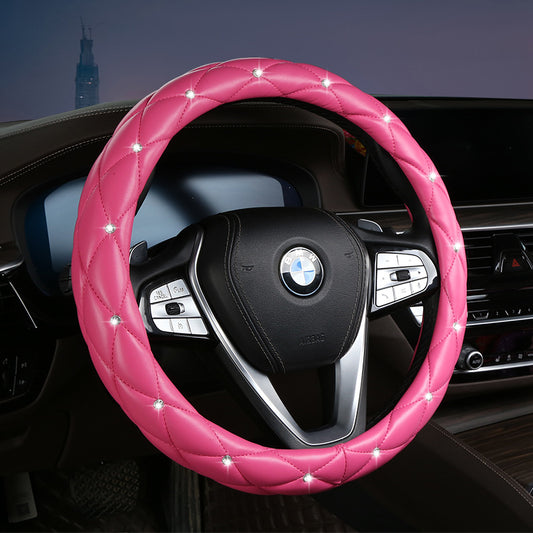 Rose Red Luxury Bling Steering Wheel Cover - Black Quilted Leather with Crystal Rhinestones, Universal 38cm Fit
