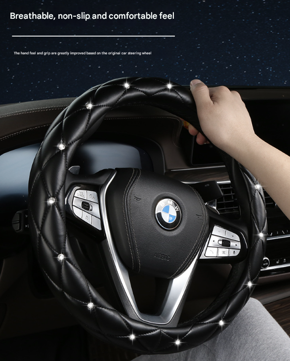 Rose Red Luxury Bling Steering Wheel Cover - Black Quilted Leather with Crystal Rhinestones, Universal 38cm Fit