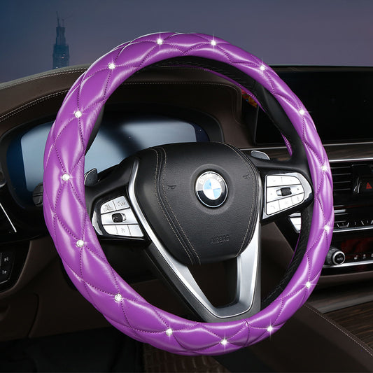 Purple Luxury Bling Steering Wheel Cover - Black Quilted Leather with Crystal Rhinestones, Universal 38cm Fit